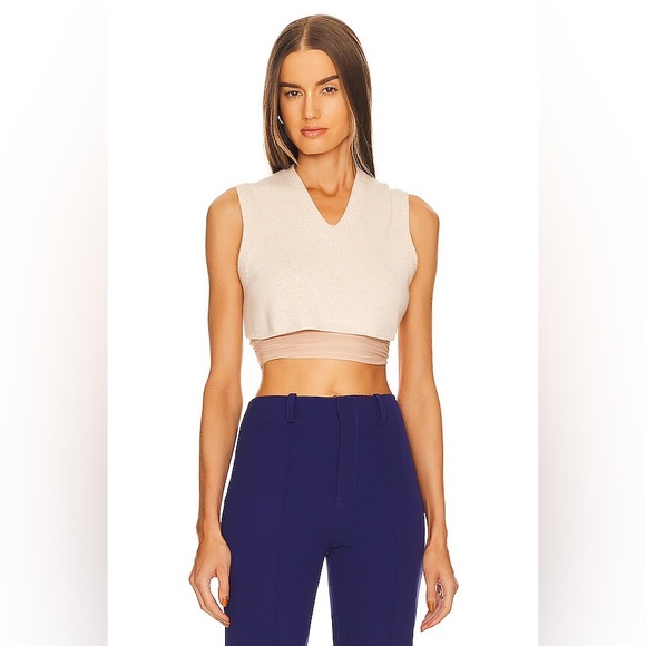 NWT REVOLVE L’Academie Sagen Micro Cropped V Neck Vest in Heather Oatmeal - S - Picture 2 of 16